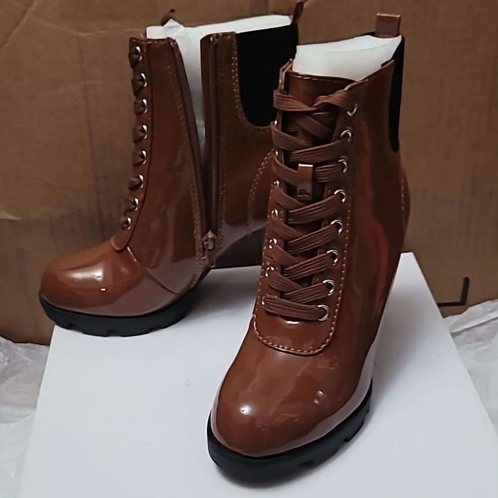 Cognac Boots Zip Up Chunky heel Size 6M Women's New - Picture 4 of 7